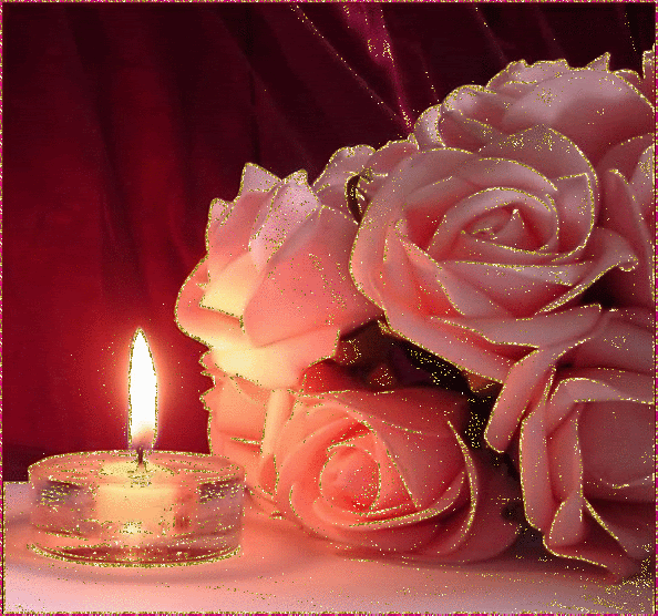 Розовые розы и свеча
